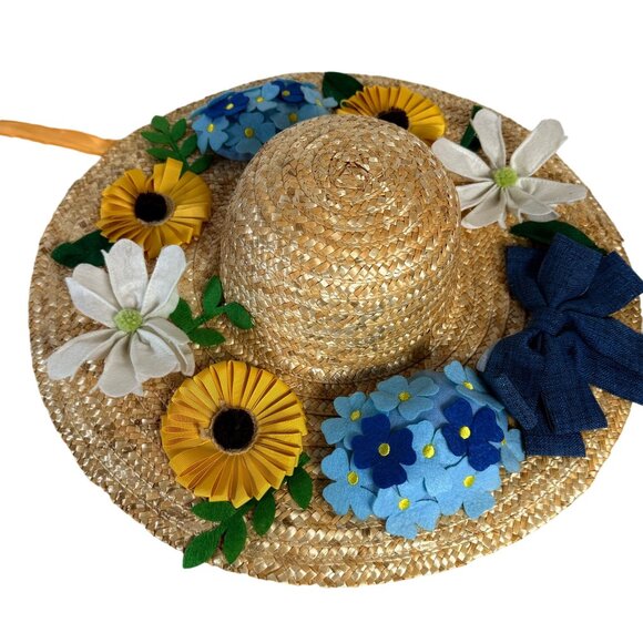 Easter Bonnet Door Decorative Wreath Spring Summer Straw Hat Floral Accents Bow - Picture 3 of 12